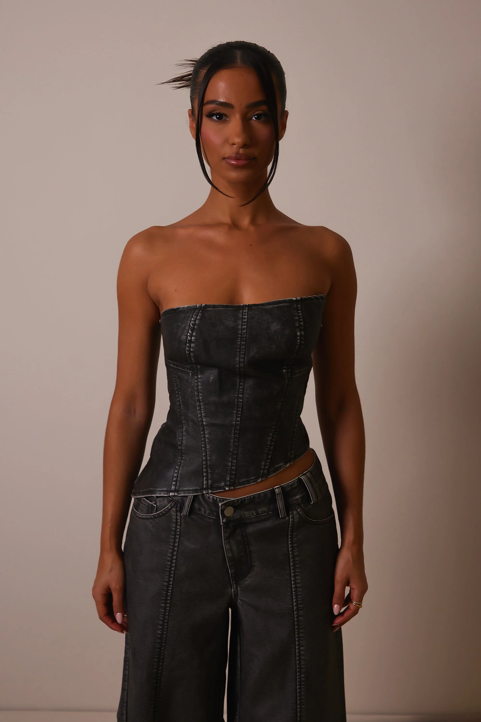 The Distress Wash Asymmetric Leather Corset in Dark Wash - Image 6